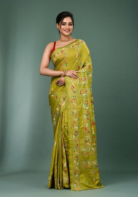 Lime Green Printed Silk Saree Set
