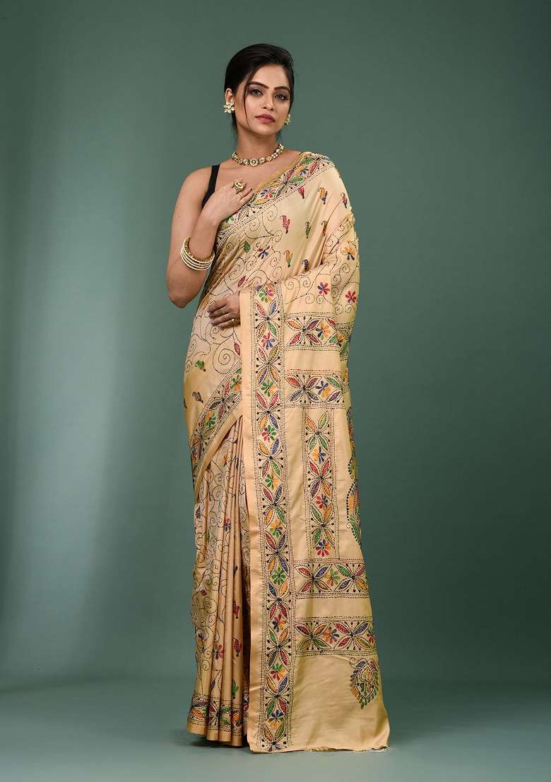 Beige Printed Silk Saree Set - Indya
