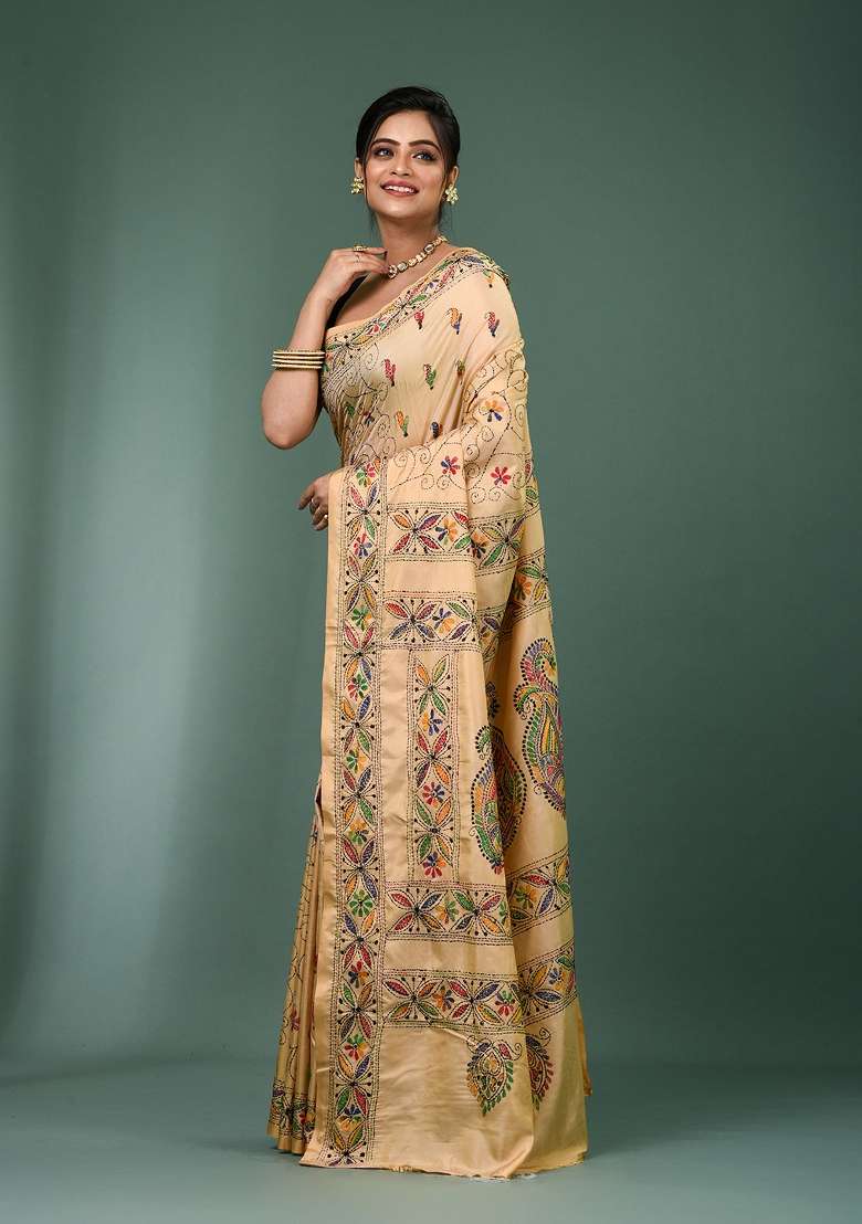 Beige Printed Silk Saree Set - Indya
