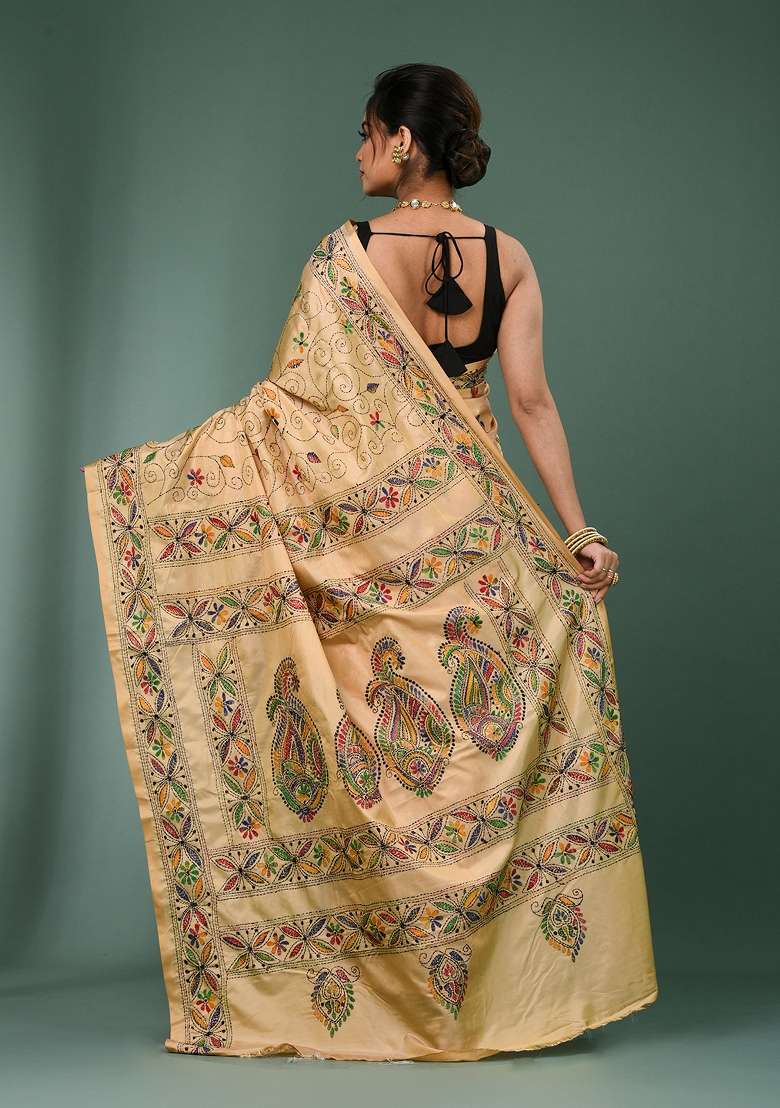 Beige Printed Silk Saree Set - Indya