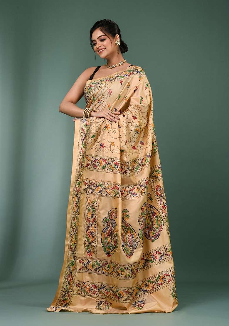 Beige Printed Silk Saree Set - Indya