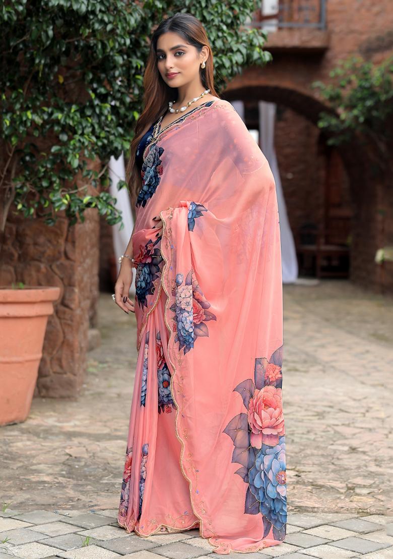 Pink Embroidery Work Silk Saree - Indya