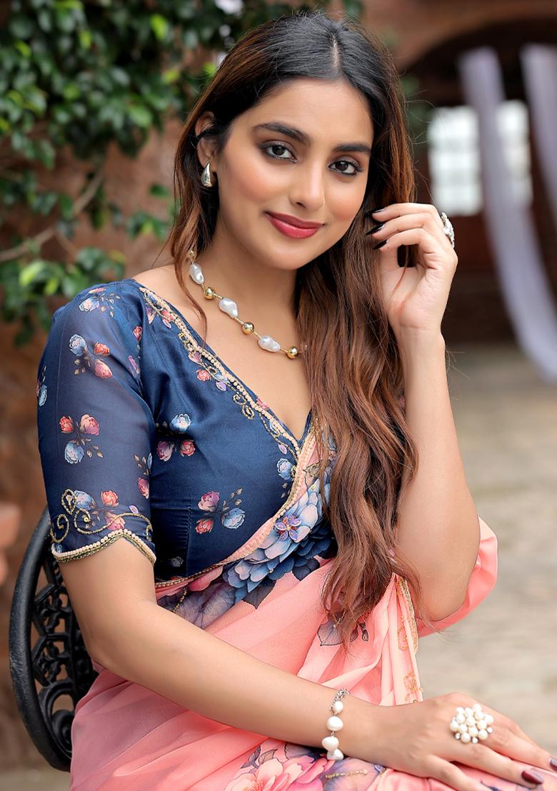 Pink Embroidery Work Silk Saree - Indya