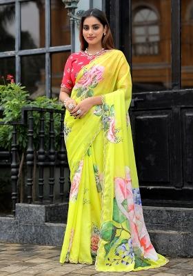 Yellow Embroidery Work Silk Saree