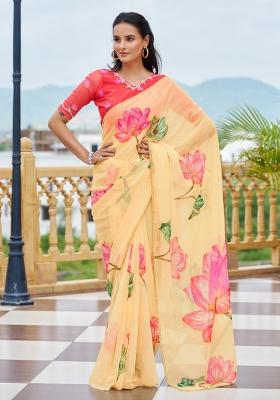 Light Yellow Embroidery Work Silk Saree