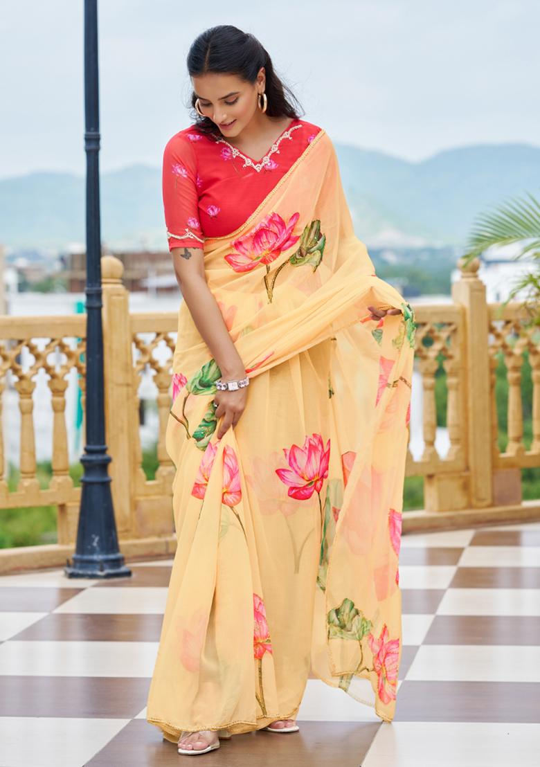 Light Yellow Embroidery Work Silk Saree - Indya