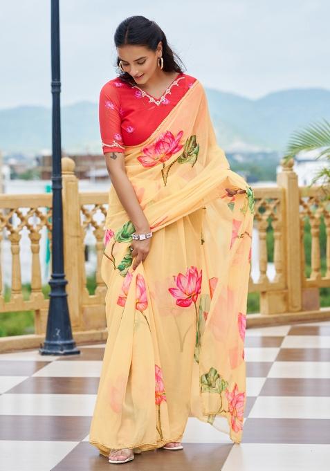 Light Yellow Embroidery Work Silk Saree