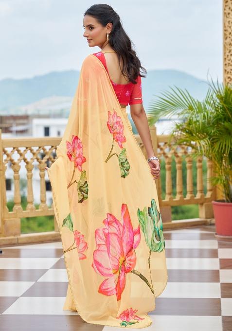 Light Yellow Embroidery Work Silk Saree