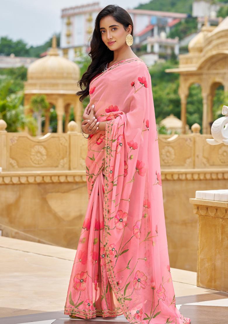 Pink Embroidery Work Silk Saree - Indya