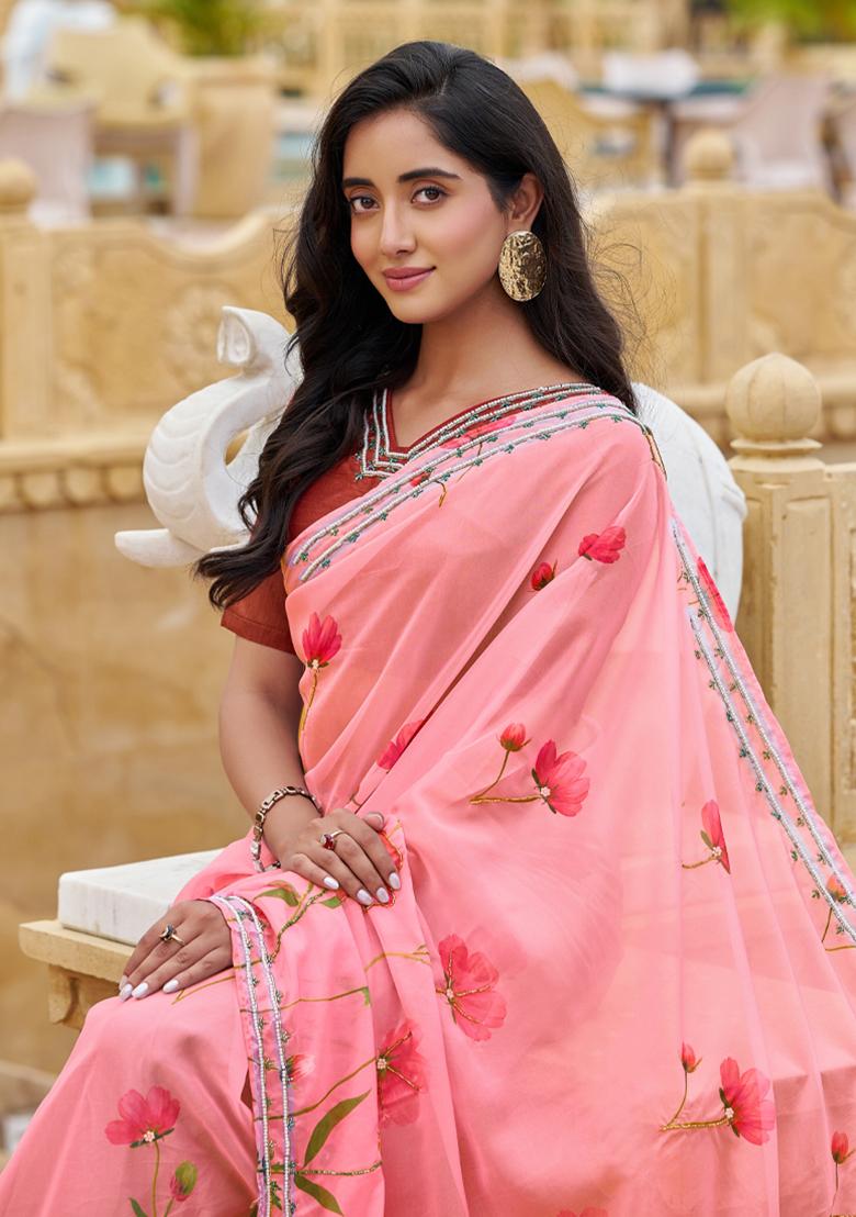 Pink Embroidery Work Silk Saree - Indya