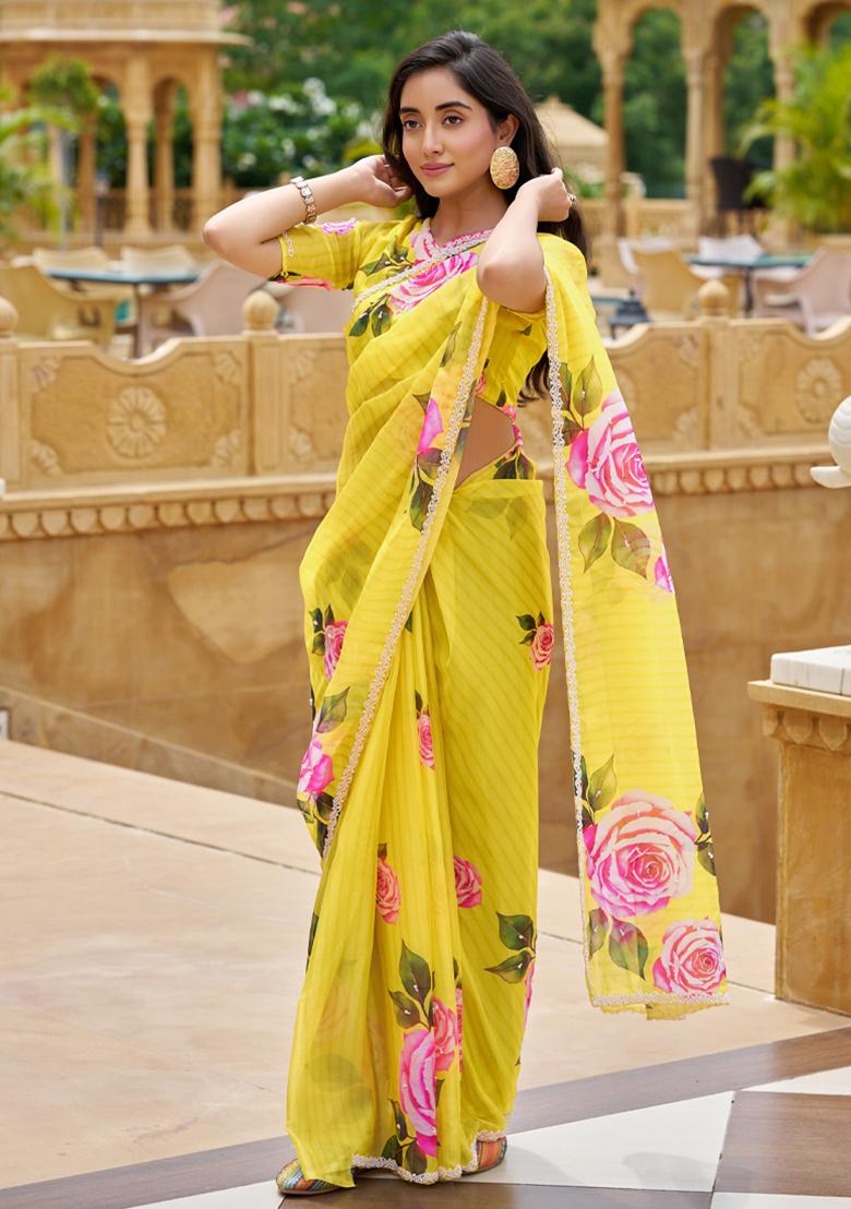 Yellow Embroidery Work Silk Saree - Indya