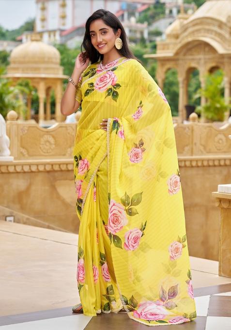 Yellow Embroidery Work Silk Saree