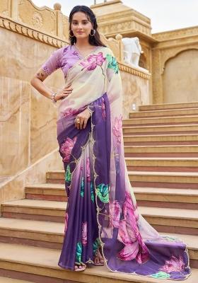 Purple Embroidery Work Silk Saree