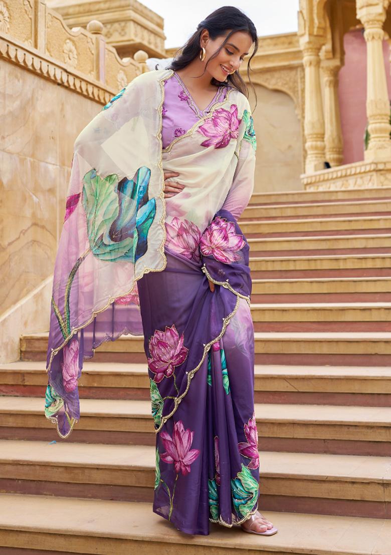 Purple Embroidery Work Silk Saree - Indya
