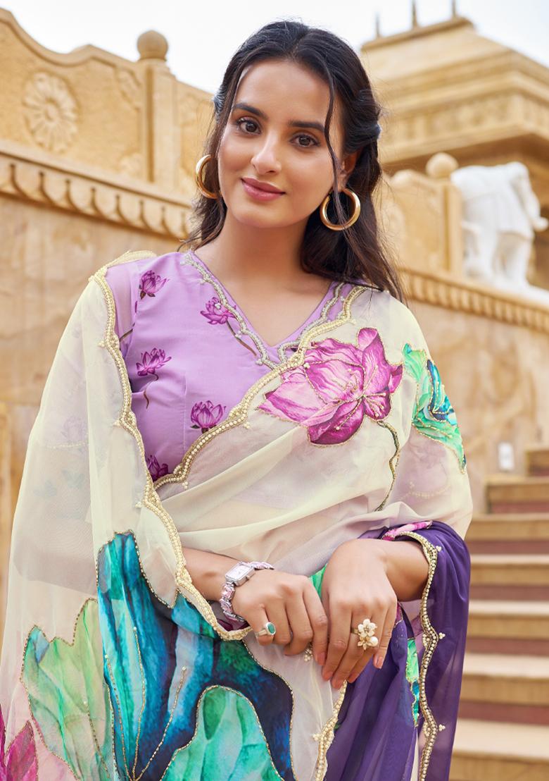 Purple Embroidery Work Silk Saree - Indya