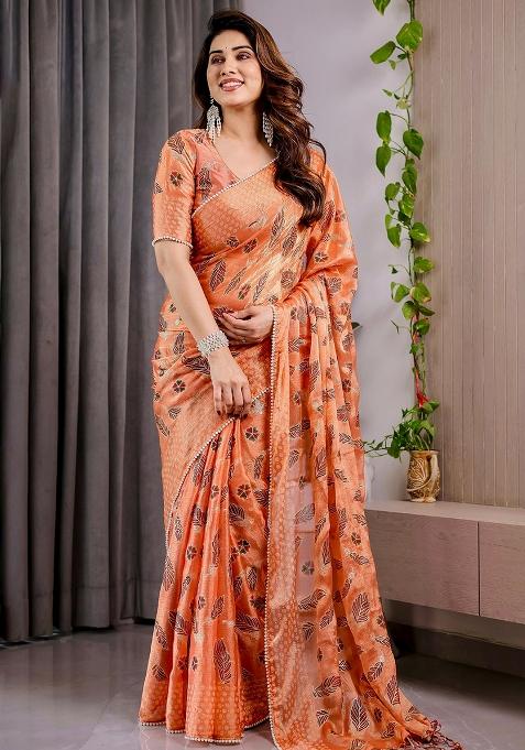 Orange Block Printed Chiffon Saree Set