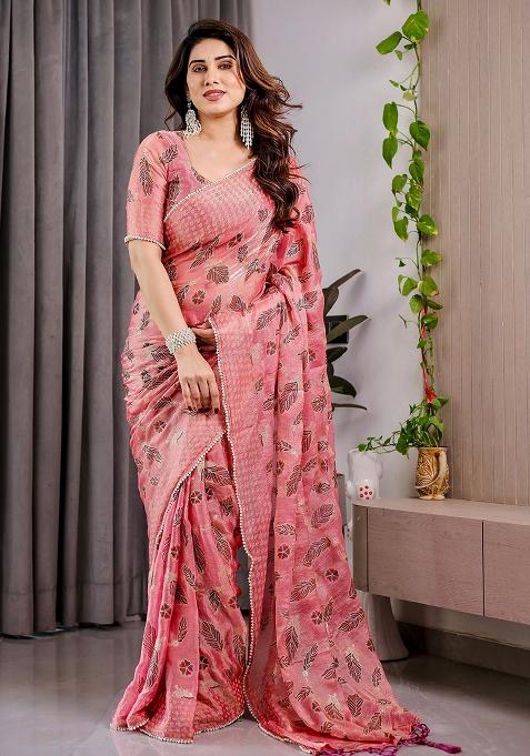 Pink Block Printed Chiffon Saree Set