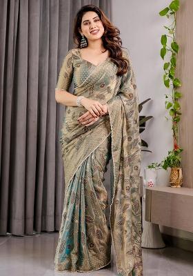 Green Block Printed Chiffon Saree Set