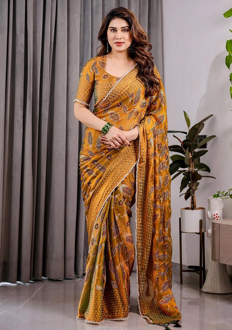 Yellow Block Printed Chiffon Saree Set