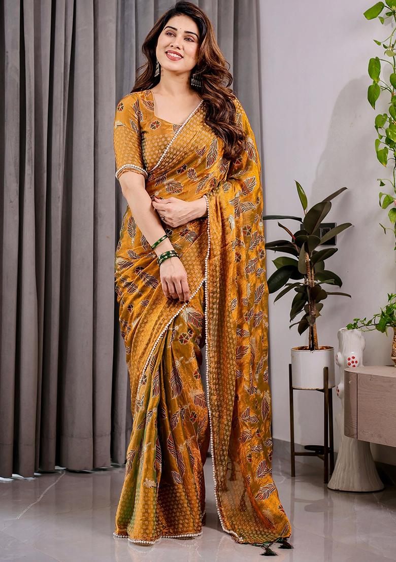 Yellow Block Printed Chiffon Saree Set