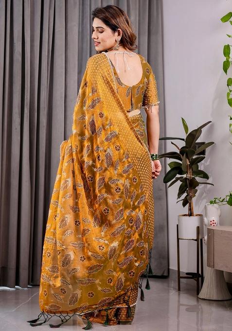 Yellow Block Printed Chiffon Saree Set