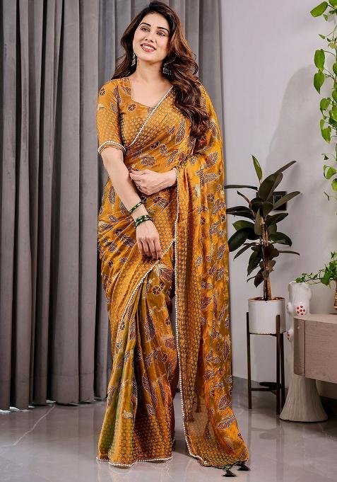 Yellow Block Printed Chiffon Saree Set