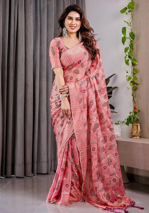 Pink Block Printed Chiffon Saree Set