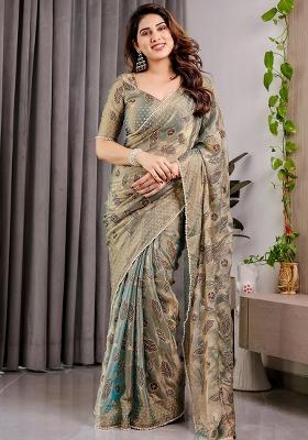 Green Block Printed Chiffon Saree Set