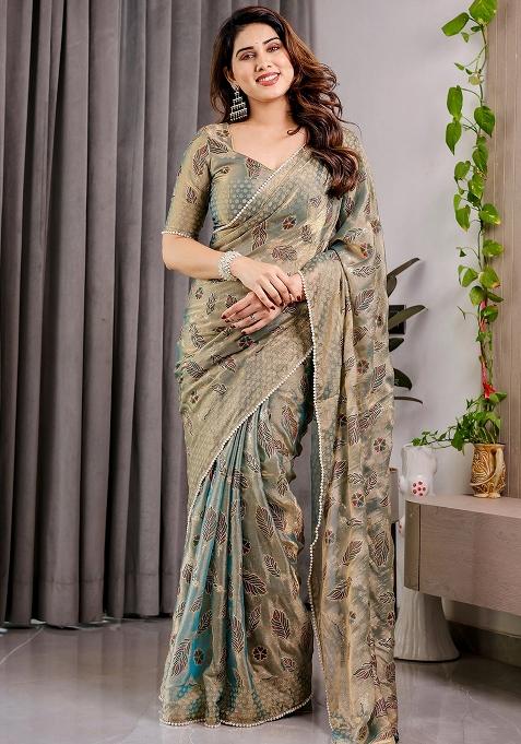 Green Block Printed Chiffon Saree Set