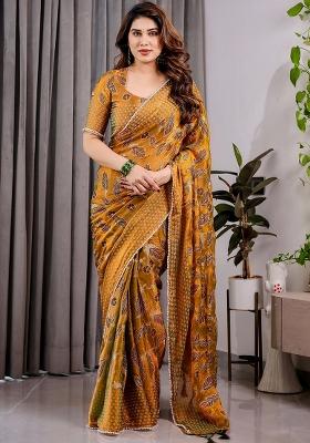 Yellow Block Printed Chiffon Saree Set