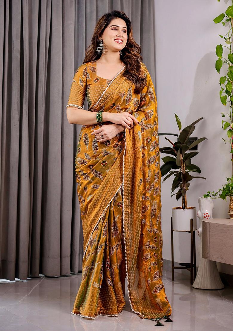 Yellow Block Printed Chiffon Saree Set
