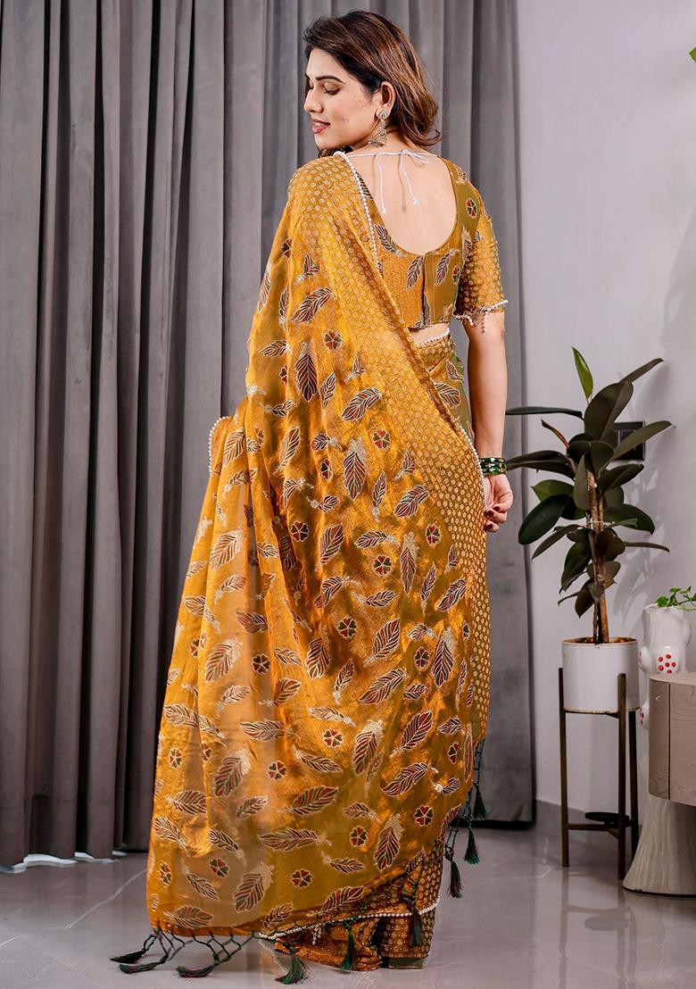 Yellow Block Printed Chiffon Saree Set