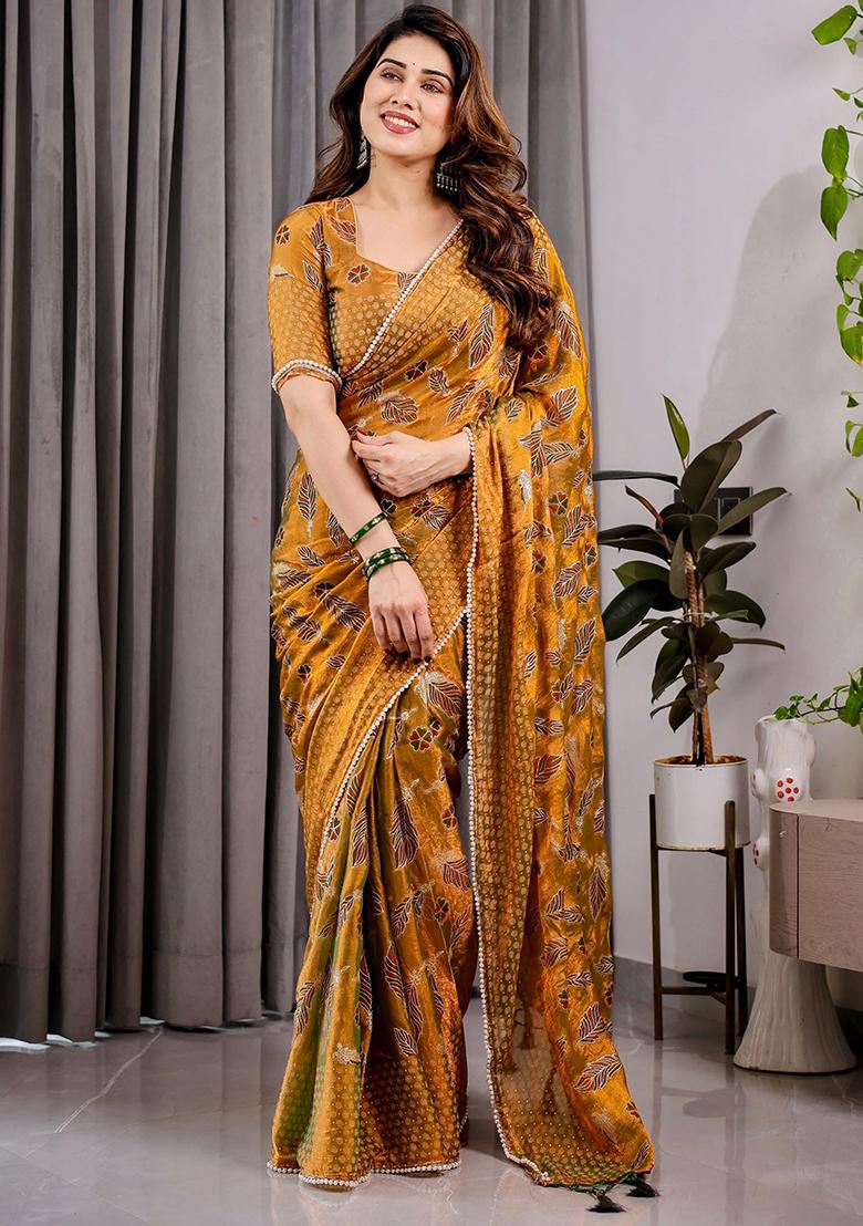 Yellow Block Printed Chiffon Saree Set