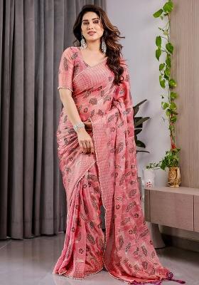 Pink Block Printed Chiffon Saree Set