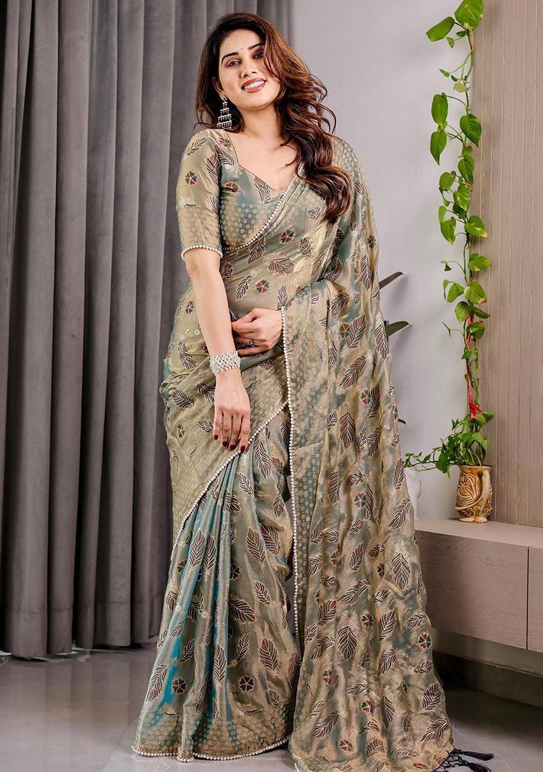 Green Block Printed Chiffon Saree Set