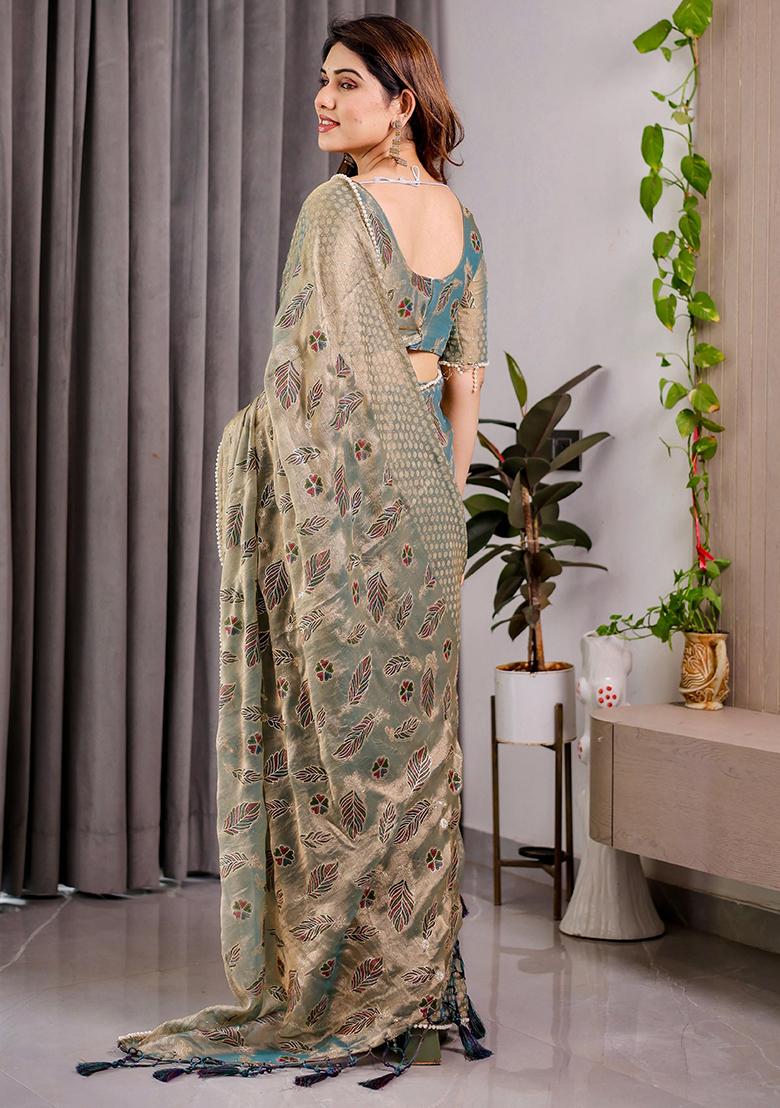 Green Block Printed Chiffon Saree Set