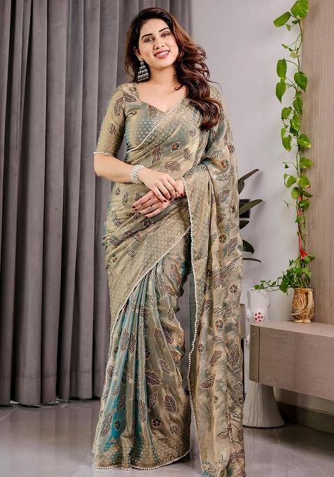 Green Block Printed Chiffon Saree Set