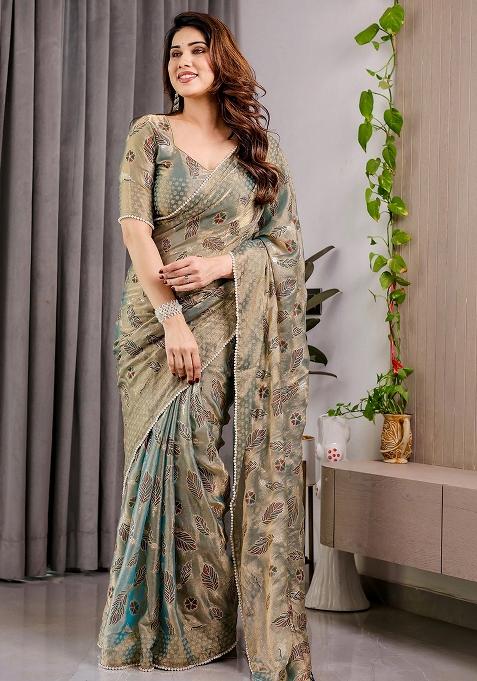 Green Block Printed Chiffon Saree Set