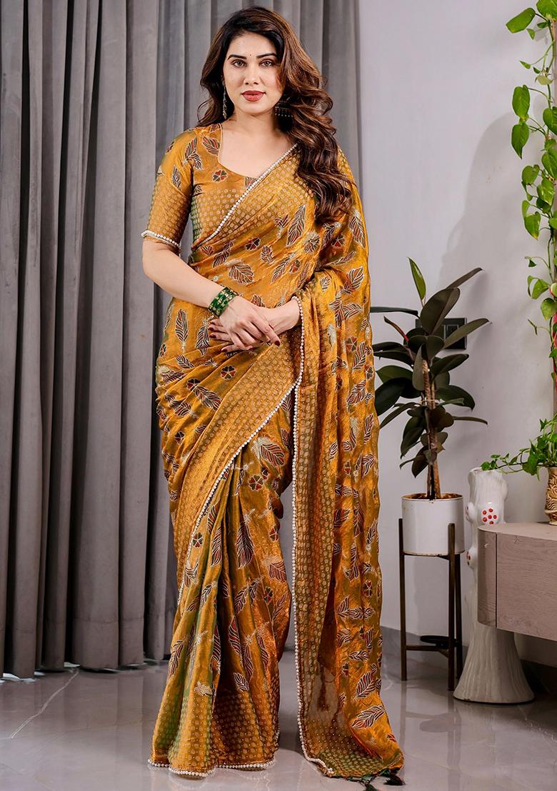 Yellow Block Printed Chiffon Saree Set