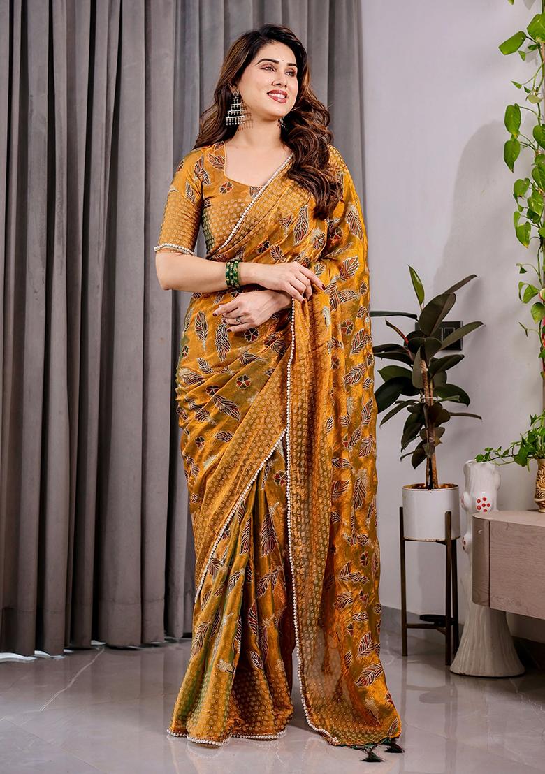 Yellow Block Printed Chiffon Saree Set
