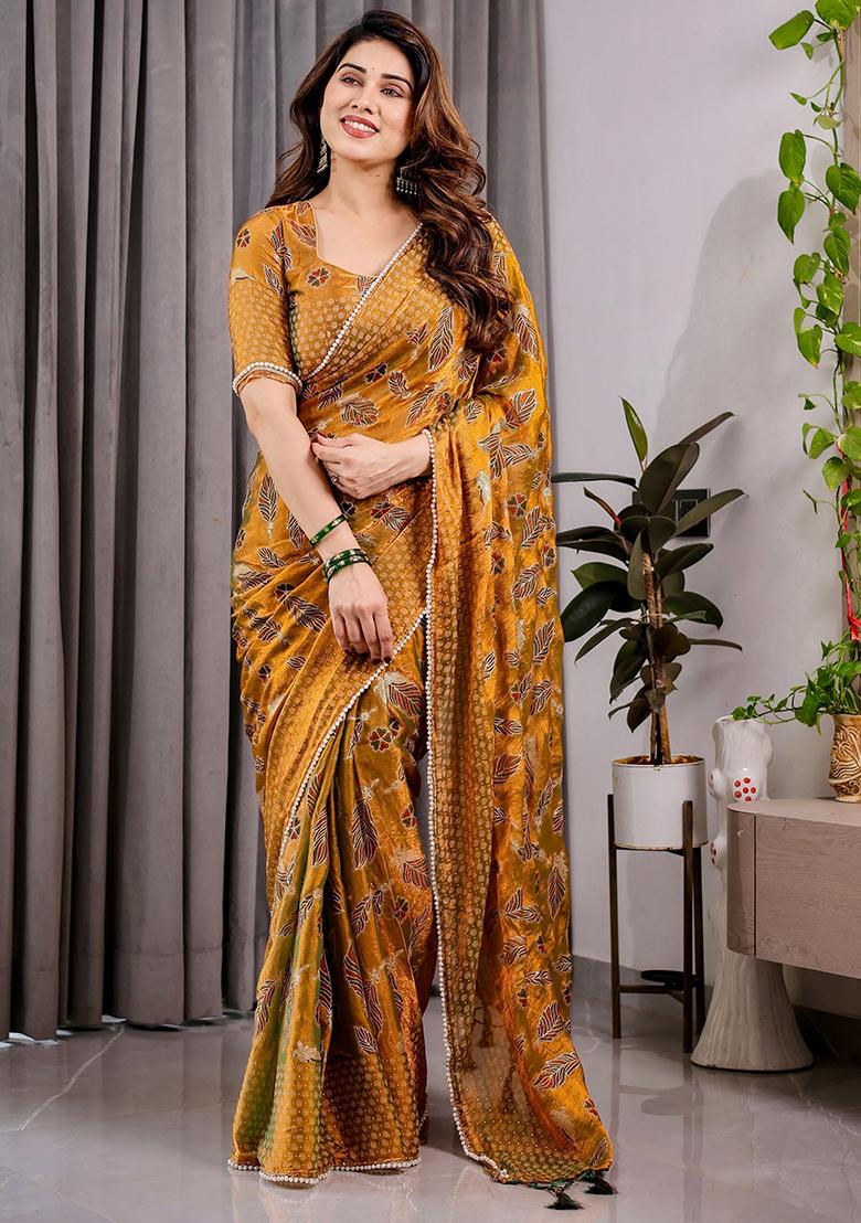Yellow Block Printed Chiffon Saree Set