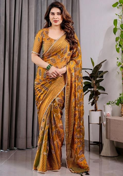 Yellow Block Printed Chiffon Saree Set
