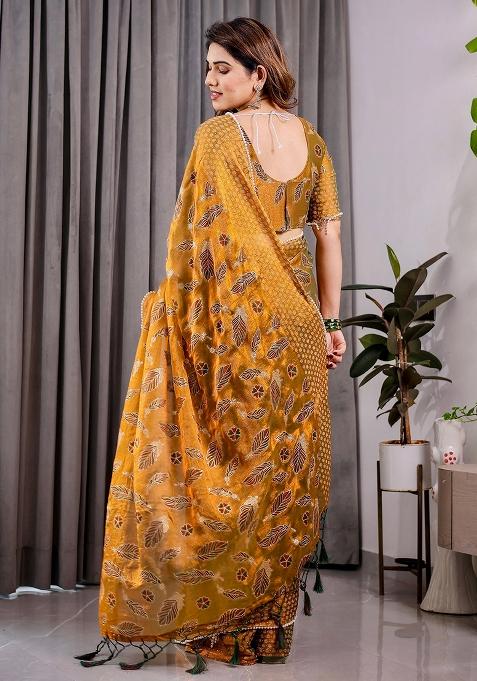 Yellow Block Printed Chiffon Saree Set