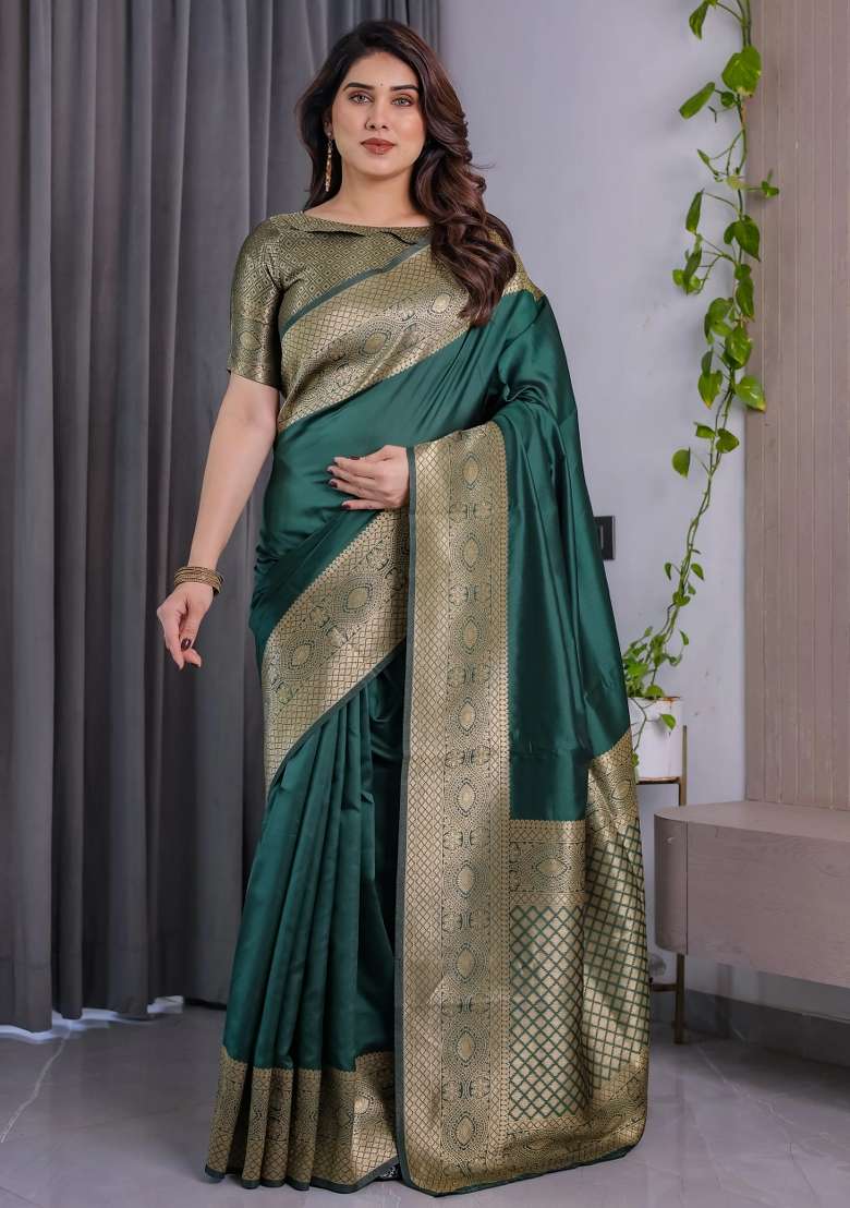 Green Embroidered Kanjivaram Silk Blend Saree Set - Indya