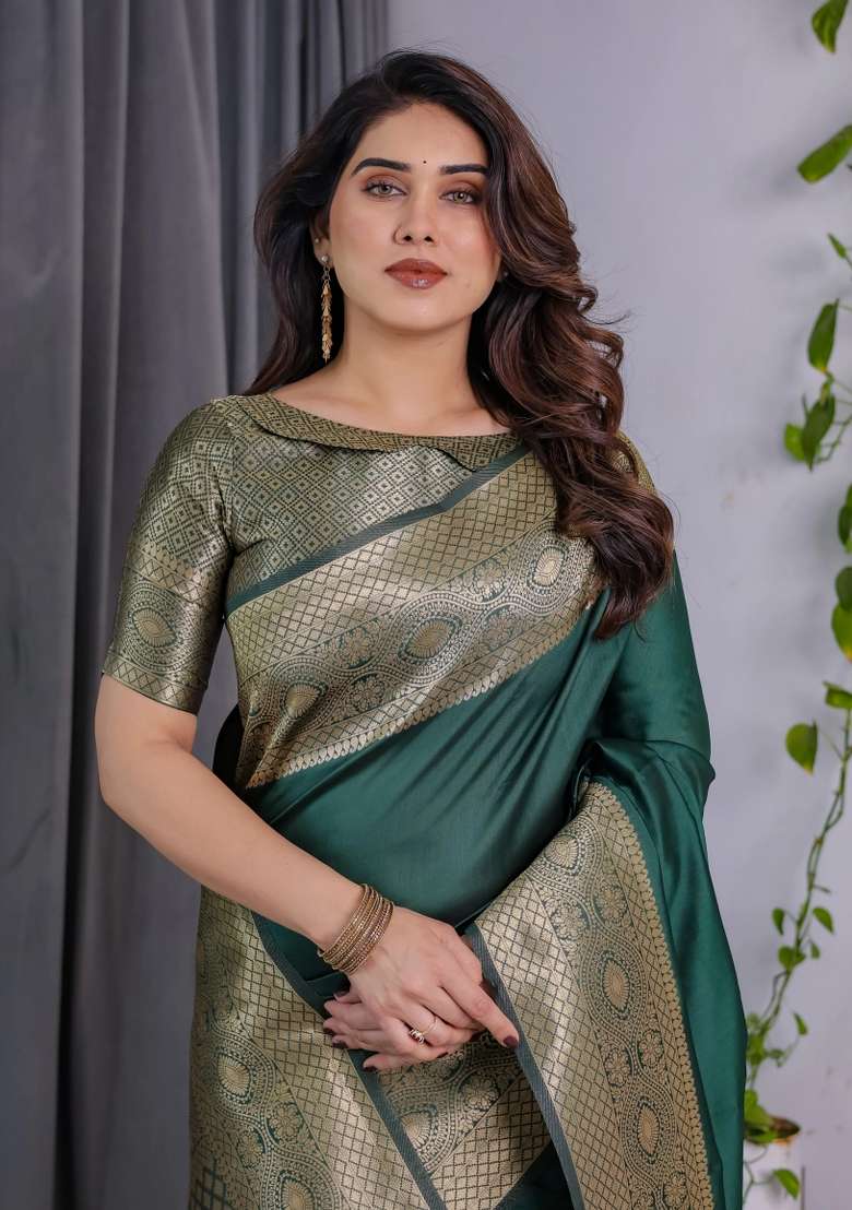 Green Embroidered Kanjivaram Silk Blend Saree Set - Indya