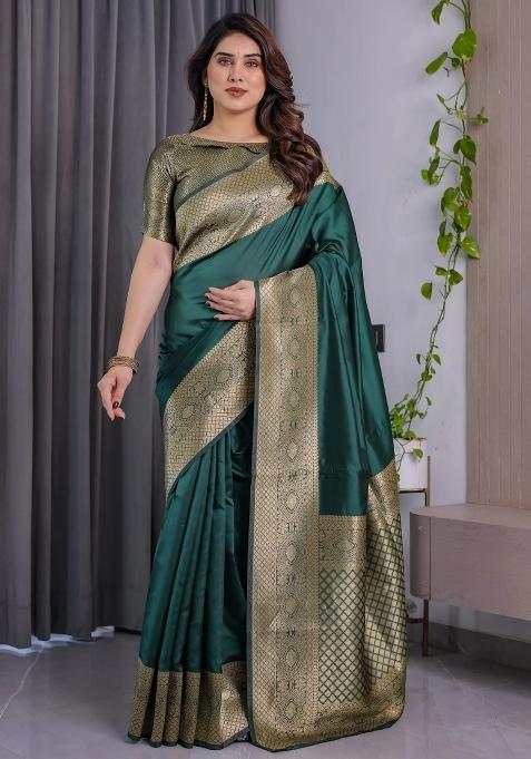 Green Embroidered Kanjivaram Silk Saree Set