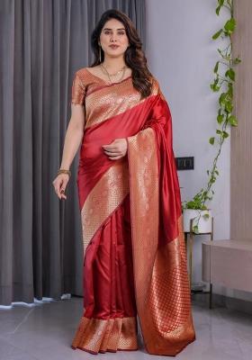 Red Embroidered Kanjivaram Silk Saree Set