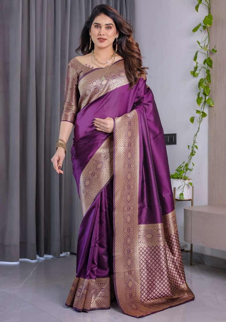Purple Embroidered Kanjivaram Silk Blend Saree Set - Indya