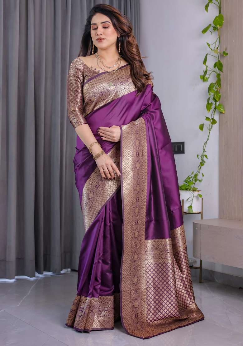 Purple Embroidered Kanjivaram Silk Blend Saree Set - Indya