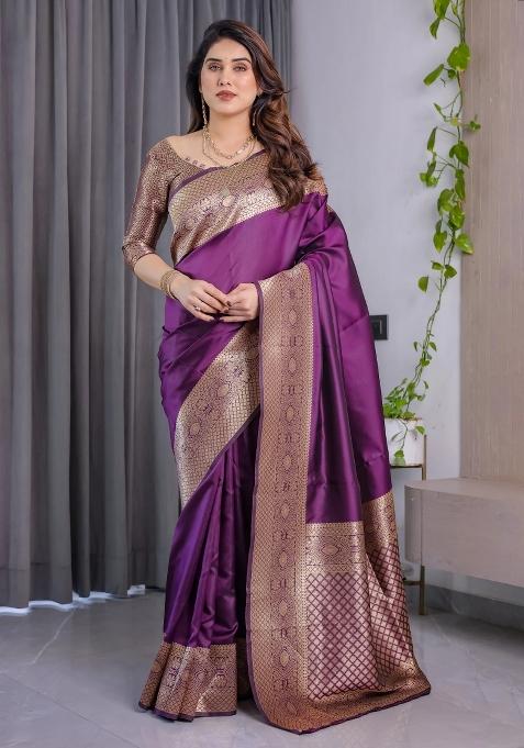 Purple Embroidered Kanjivaram Silk Saree Set